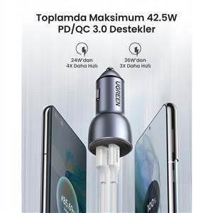 UGREEN 52,5W QC PD USB-C USB-A Hızlı Araç İçi Şarj Cihazı Çakmaklık Adaptörü - Uzay Grisi