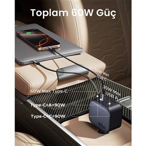 UGREEN 90W USB-C Makaralı Dahili Kablolu Hızlı 2x USB-C 1x USB-A Araç Çakmaklık