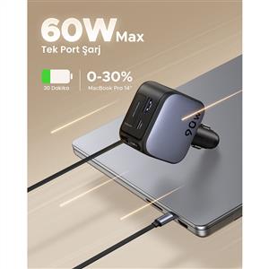 UGREEN 90W USB-C Makaralı Dahili Kablolu Hızlı 2x USB-C 1x USB-A Araç Çakmaklık