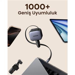 UGREEN 90W USB-C Makaralı Dahili Kablolu Hızlı 2x USB-C 1x USB-A Araç Çakmaklık