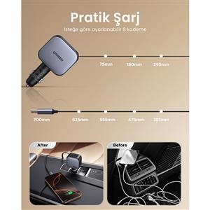 UGREEN 90W USB-C Makaralı Dahili Kablolu Hızlı 2x USB-C 1x USB-A Araç Çakmaklık