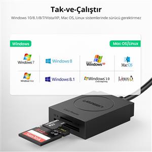 UGREEN USB 3.0 Kart Okuyucu TF+SD - Siyah