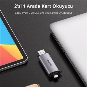 UGREEN USB-C +USB-A To TF/SD 3.0 Kart Okuyucu - Siyah