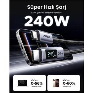 UGREEN USB-C to UBB-C 240W Dijital Göstergeli Örgü Hızlı Şarj Kablosu 1m - Siyah