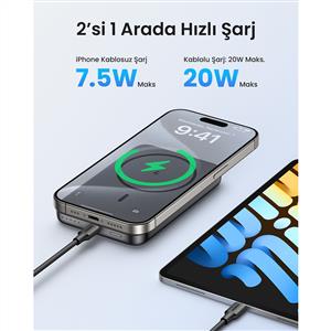 UGREEN 10.000 mAh 20W Magsafe Wireless Kablosuz Hızlı Powerbank - Siyah
