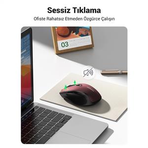 UGREEN 25752 4000 DPI ERGONOMIK SESSIZ KABLOSUZ MOUSE-KIRMIZI