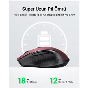 UGREEN 25752 4000 DPI ERGONOMIK SESSIZ KABLOSUZ MOUSE-KIRMIZI
