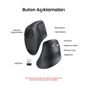 UGREEN 25444 4000 DPI DİKEY ERGONOMIK BLUETOOTH MOUSE-SİYAH
