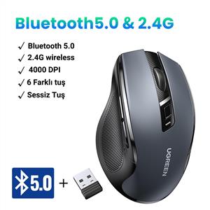 UGREEN 90855 4000 DPI DUAL MODE SESSIZ BLUETOOTH MOUSE-SİYAH