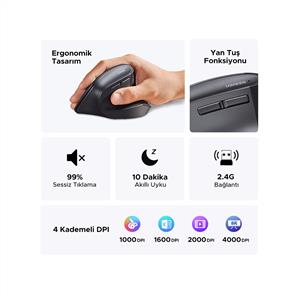 UGREEN 55916 4000 DPI DİKEY ERGONOMIK BLUETOOTH MOUSE-SİYAH