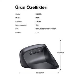 UGREEN 55916 4000 DPI DİKEY ERGONOMIK BLUETOOTH MOUSE-SİYAH