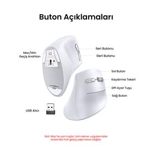 UGREEN 45759 4000 DPI DİKEY ERGONOMIK BLUETOOTH MOUSE-BEYAZ