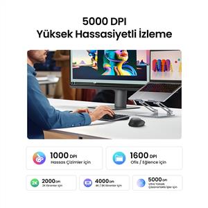 UGREEN 75498 5000 DPI 3 CIHAZ BAĞLANTILI BLUETOOTH MOUSE-SİYAH